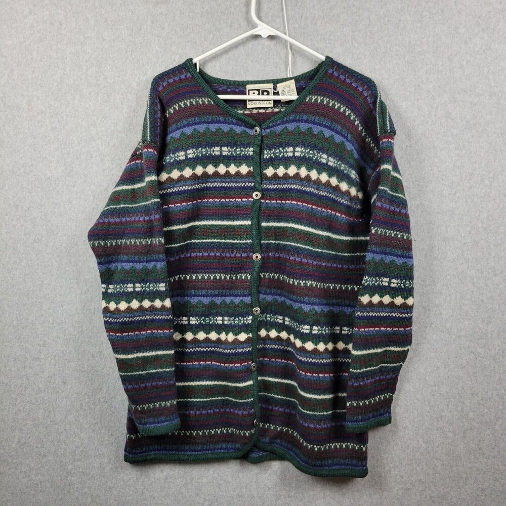 BP. Nordstrom 100% Wool Green Blue Striped LS Button Up Sweater Women's Large